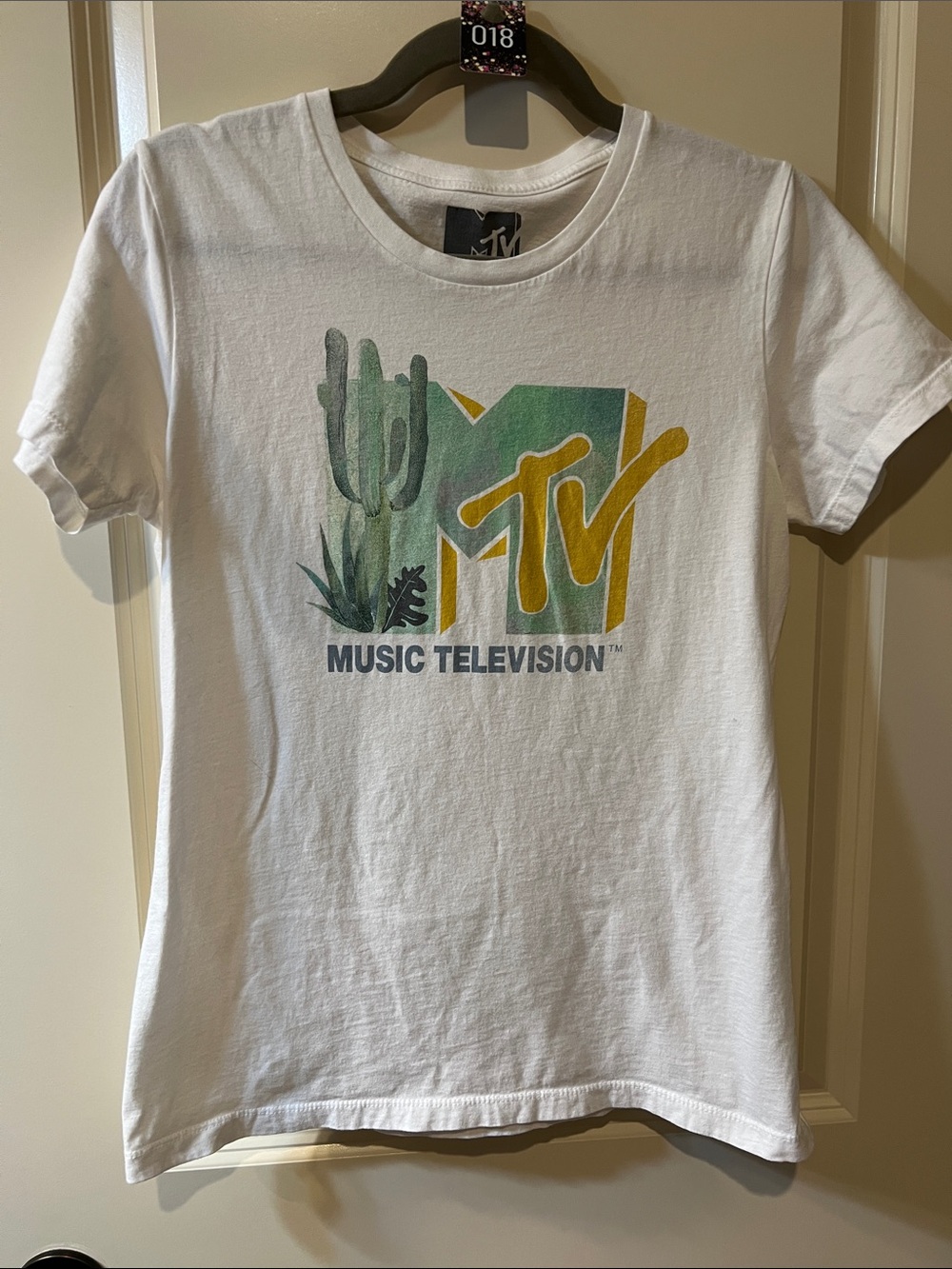 MTV White Tee with Green Cactus & Yellow Logo H018